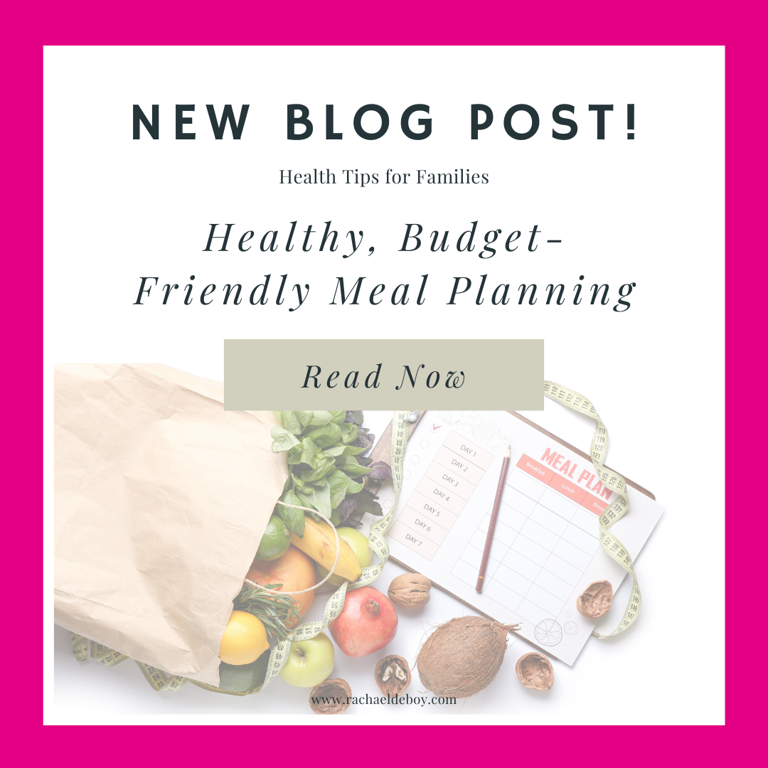 Blog post image featuring a brown grocery bag filled with fresh fruits and vegetables, a meal planning sheet, and a measuring tape, representing healthy and budget-friendly meal planning tips from Wellness with Rachael.
