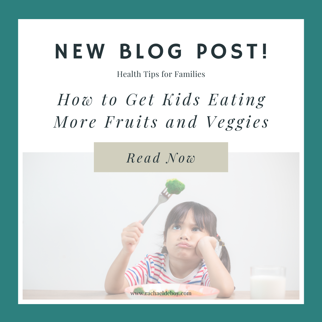 Blog post featured image showing a young child staring at a fork with broccoli, representing tips for parents on how to get kids eating more fruits and vegetables.
