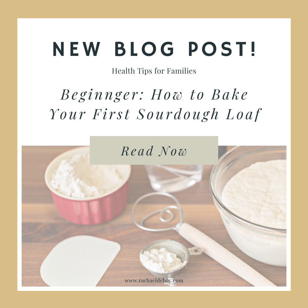 Beginner's guide to baking sourdough - flour, starter, and baking tools on a kitchen counter.