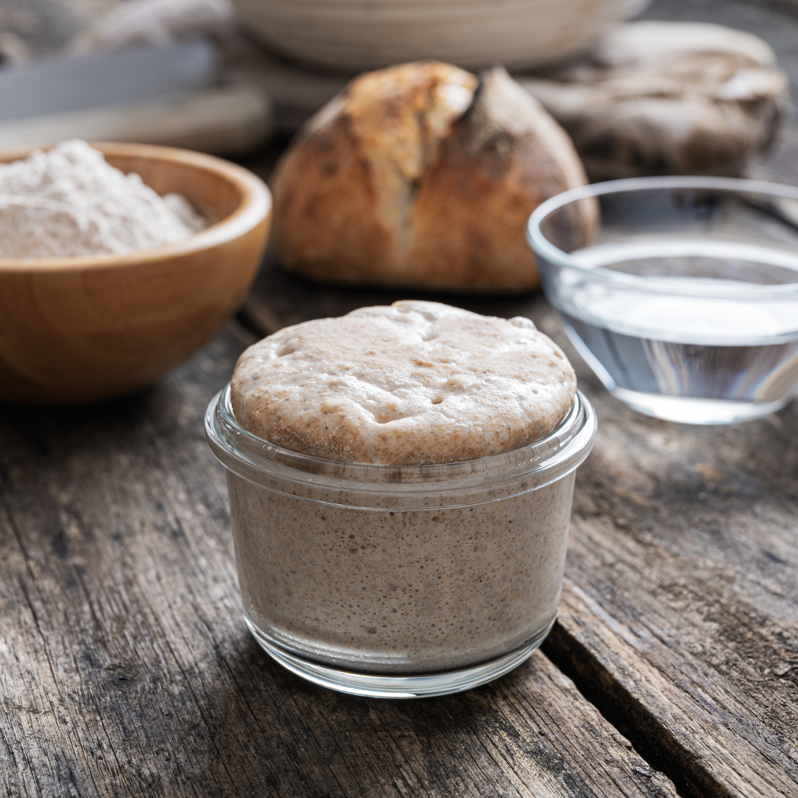 Creating a Sourdough Starter: The First Step to Baking A bubbly sourdough starter in a glass jar with flour, water, and bread in the background - the foundation of homemade sourdough bread.