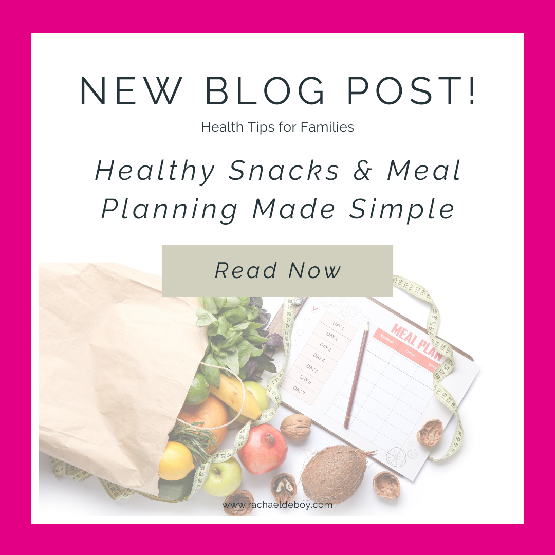 Paper grocery bag filled with colorful fruits and vegetables beside a weekly meal planner and measuring tape, representing simple and healthy meal planning by Rachael DeBoy of Wellness with Rachael in San Antonio, Texas.