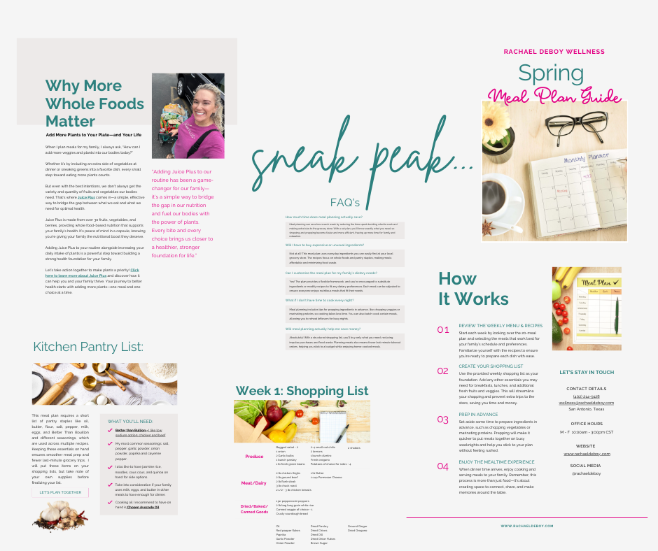 Preview image of the Spring Meal Plan Guide by Rachael DeBoy, showing pantry list, shopping guide, how-to instructions, and family-friendly wellness tips.