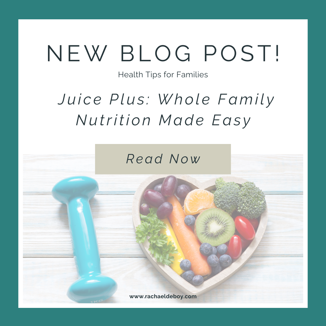Heart-shaped bowl of fruits and vegetables next to a teal dumbbell, representing family wellness and Juice Plus nutrition.