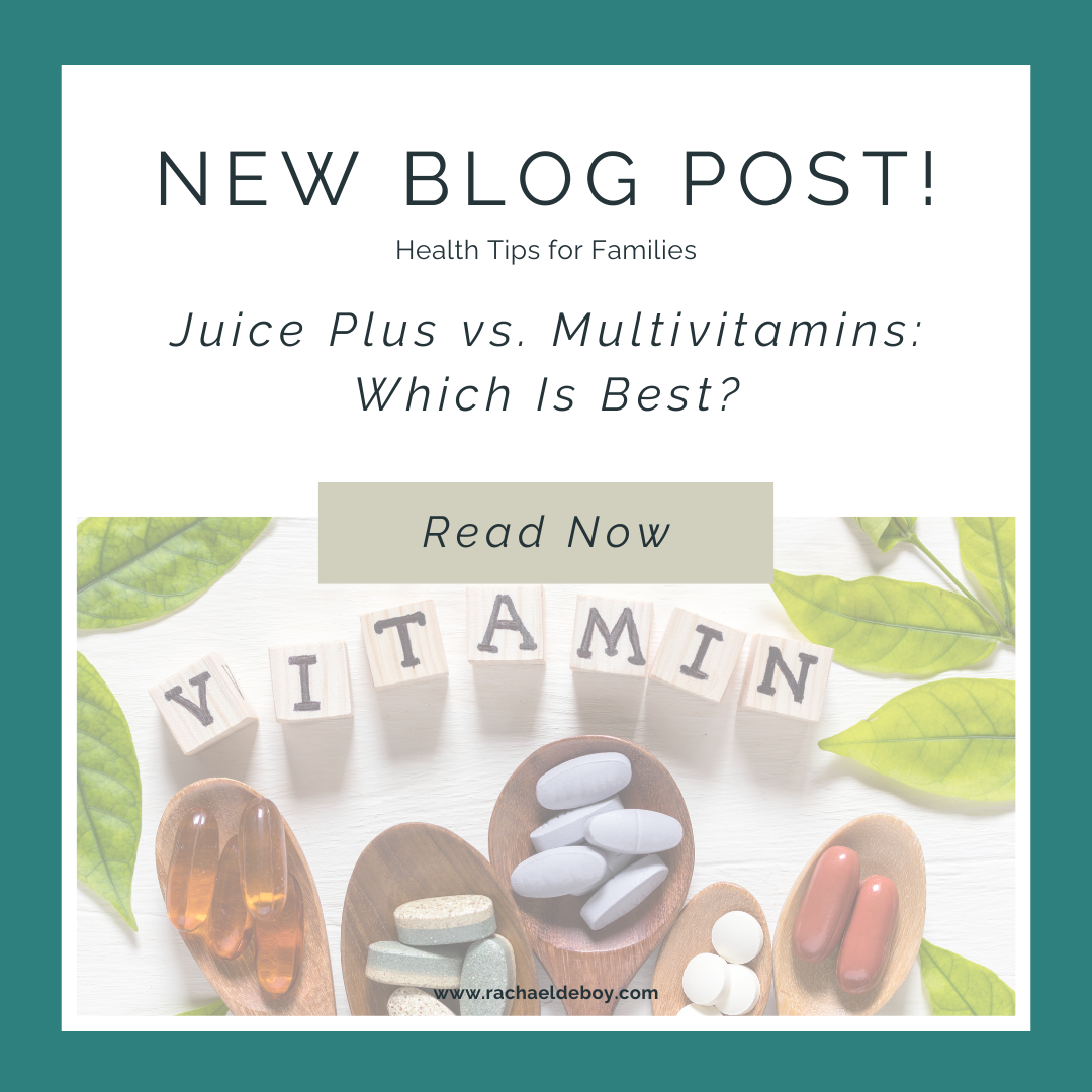 Blog post graphic with wooden blocks spelling “VITAMIN” and various pills in wooden spoons.