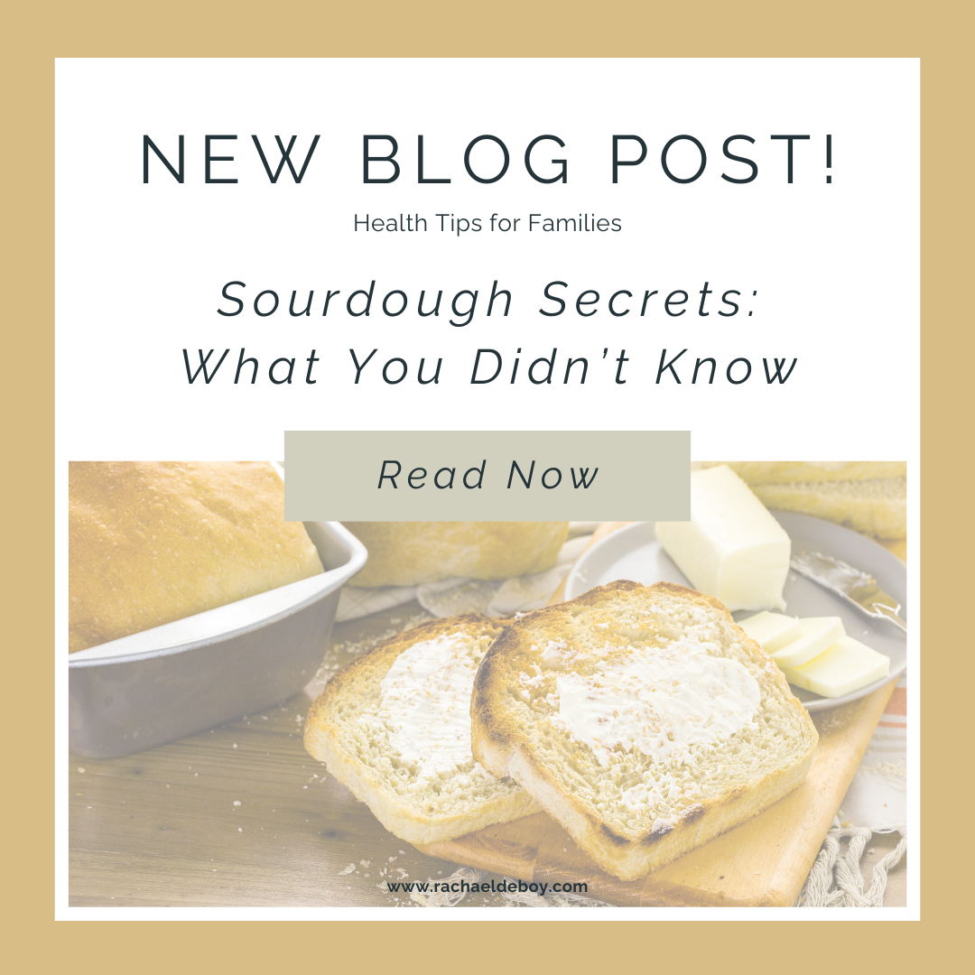 Toasted sourdough bread with butter on a wooden board, promoting a blog post by Rachael DeBoy Wellness