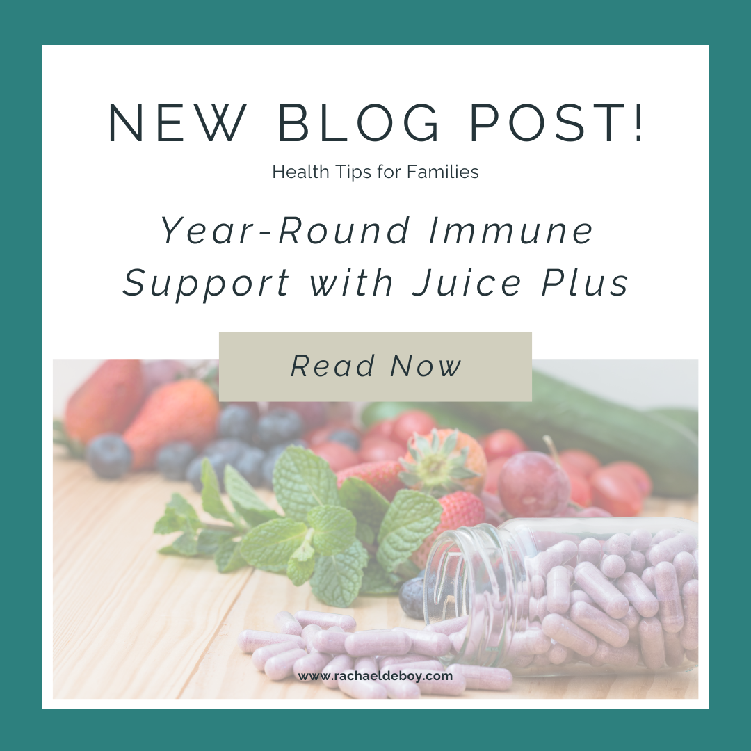 Graphic for blog post “Year-Round Immune Support with Juice Plus” showing colorful fruits, capsules, and the text “New Blog Post – Read Now” on a teal background.