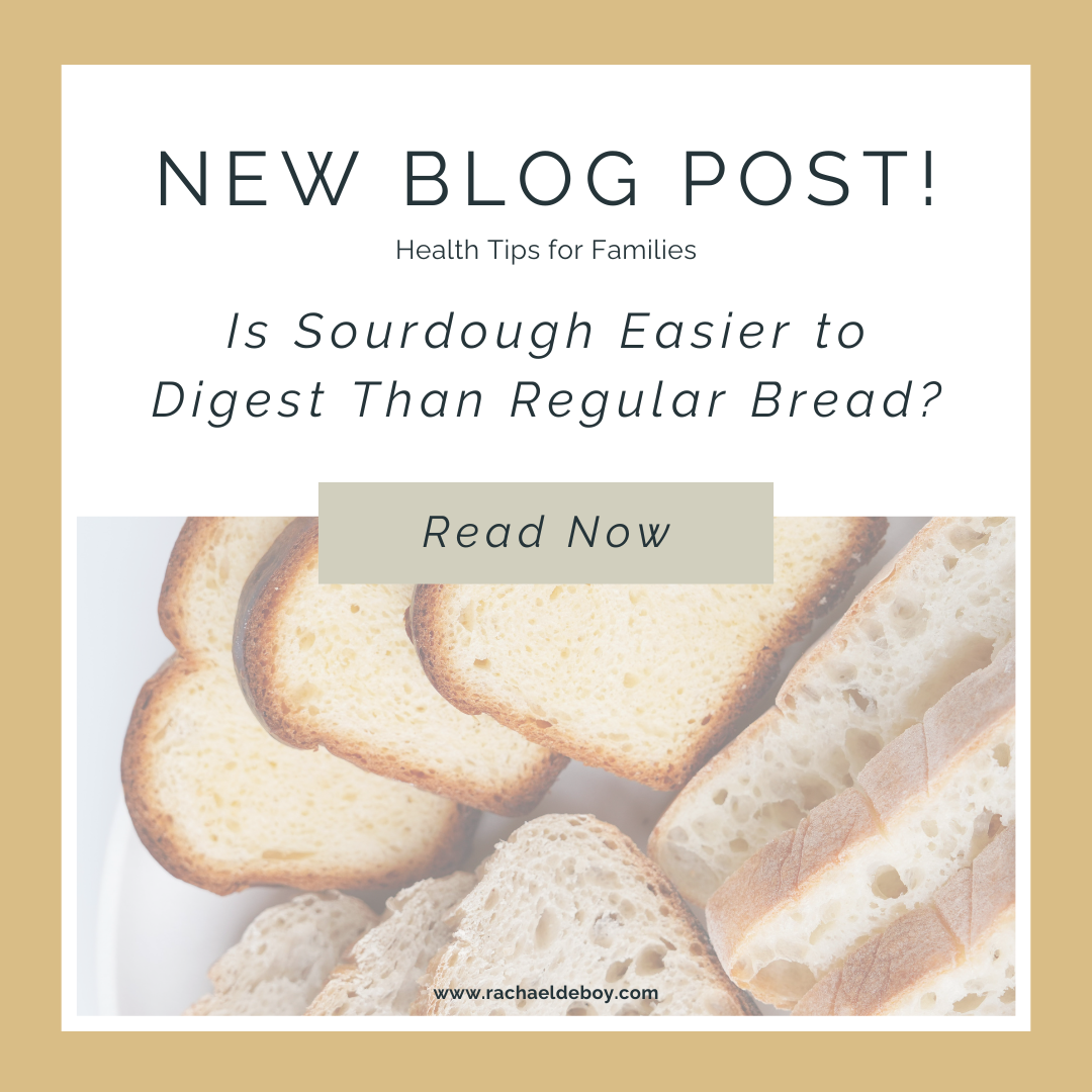 Sliced sourdough and white bread side by side with the text "New Blog Post – Is Sourdough Easier to Digest Than Regular Bread?"