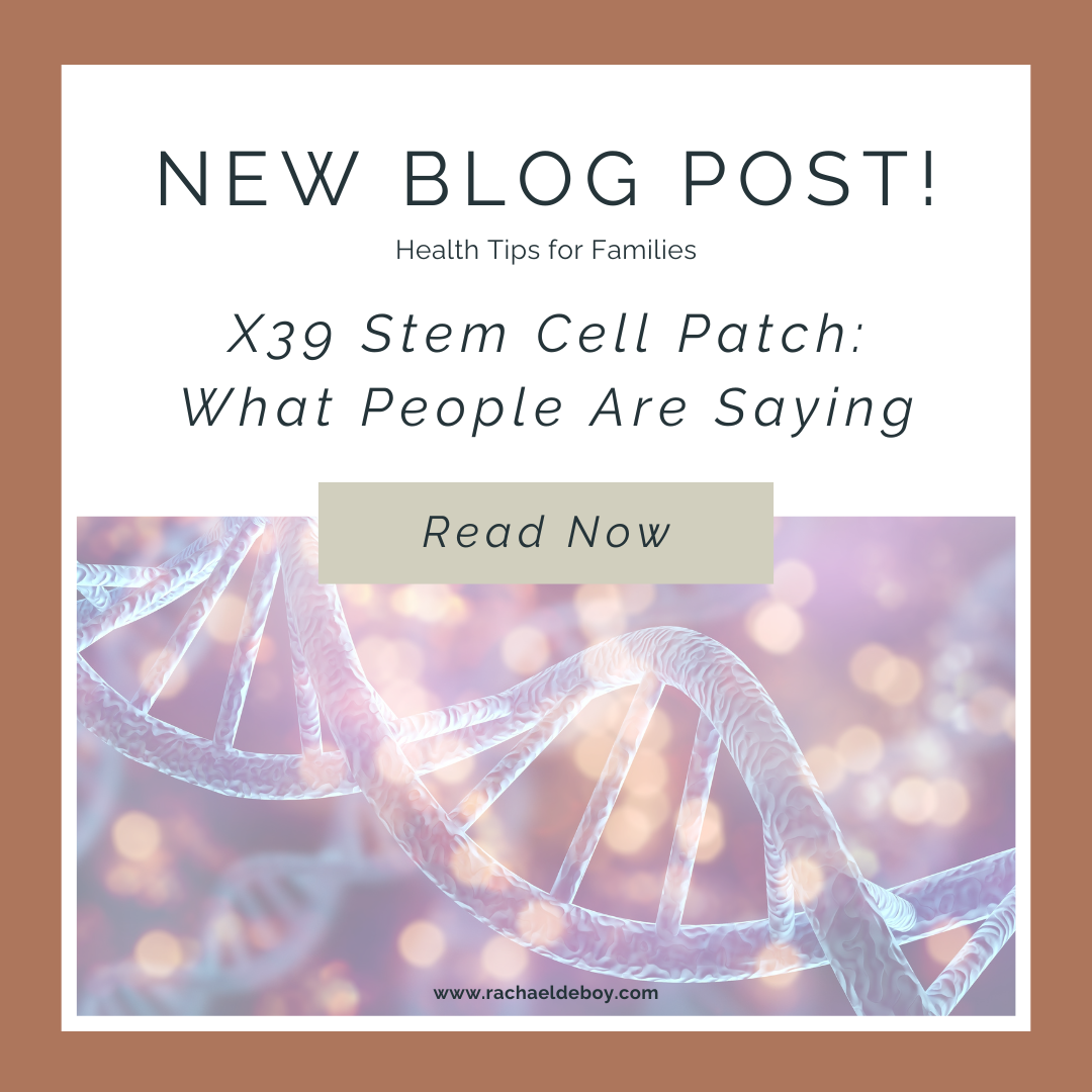 Graphic image of a glowing DNA strand promoting blog post on LifeWave X39 stem cell patches by wellness educator Rachael DeBoy.