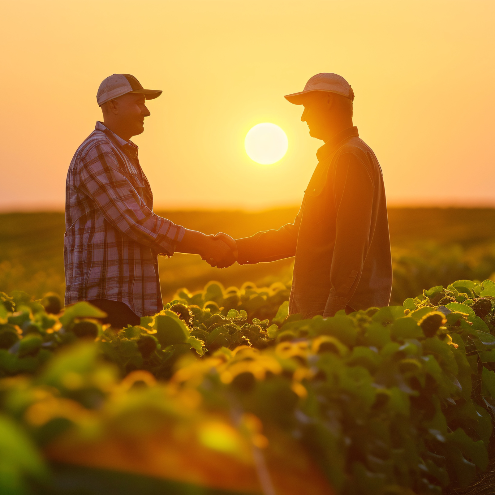 Two farmers shaking hands in a leafy field at golden hour, symbolizing the trusted farm partnerships behind Juice Plus ingredients.