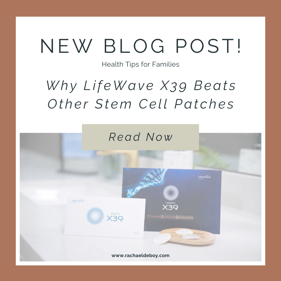 LifeWave X39 stem cell patches displayed on a counter with packaging, featured in Rachael DeBoy Wellness blog.