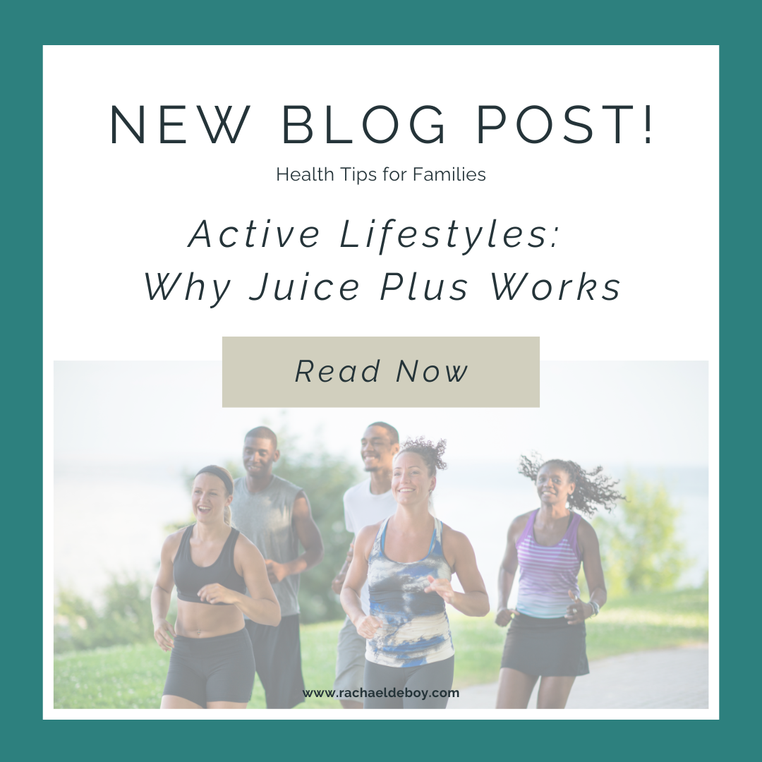 Blog graphic for “Active Lifestyles: Why Juice Plus Works” by Rachael DeBoy Wellness, featuring runners outdoors.